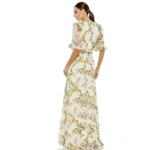 MAC DUGGAL Gown 24 Floral Print Faux Wrap Flutter Sleeve Peach Maxi Dress V Neck - Picture 2 of 14